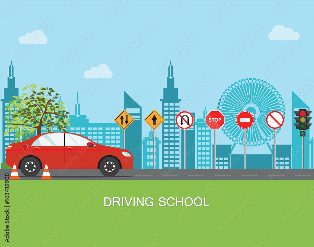 Driving school with car and traffic sign.