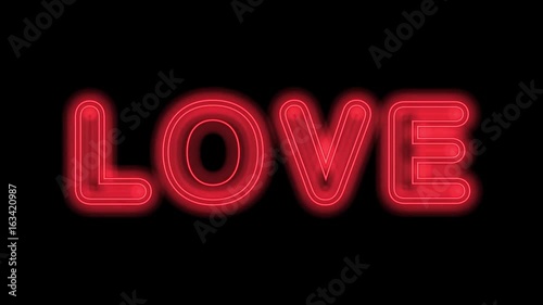 Neon word 'Love' glowing on alpha channel, seamless loop
