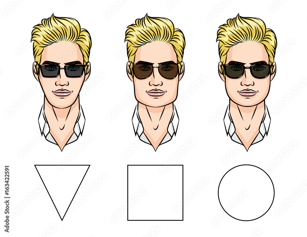 Vector illustration of sunglasses for different face shapes. Male face of different  types of appearance. Stock Vector | Adobe Stock