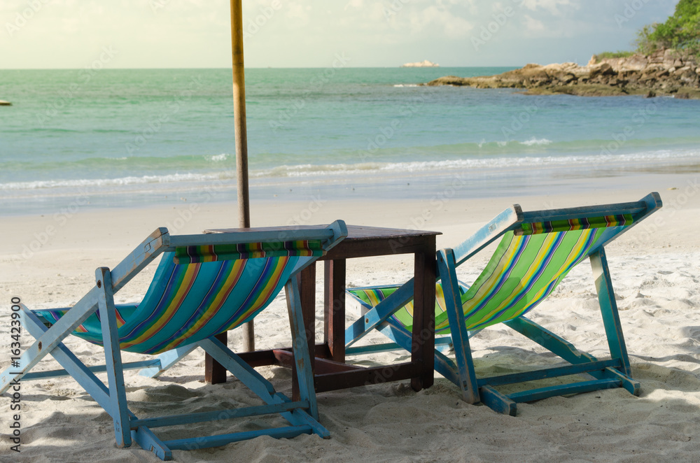 two chairs and umbrella is on the beach  Samed Island   in Thailand for relaxing in weekend
