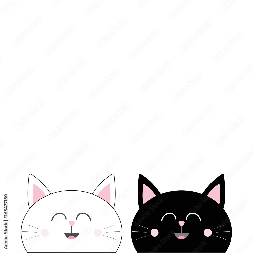 Black White Cat head couple family icon. Cute funny cartoon smiling character. Happy Valentines day Greeting card template. Kitty Whisker Baby pet collection background. Isolated. Flat design.