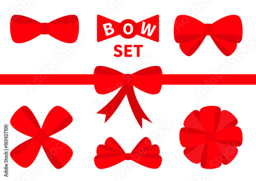 Big red ribbon Christmas bow icon set. Decoration element for giftbox present. White background. Isolated. Flat design.