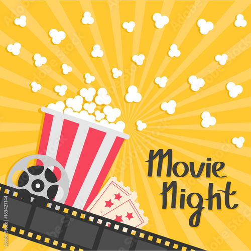 Popcorn popping. Big movie reel. Ticket Admit one. Three star. Cinema movie icon in flat design style. Film strip border. Red yellow strip box. Yellow star burst sunburst wave background