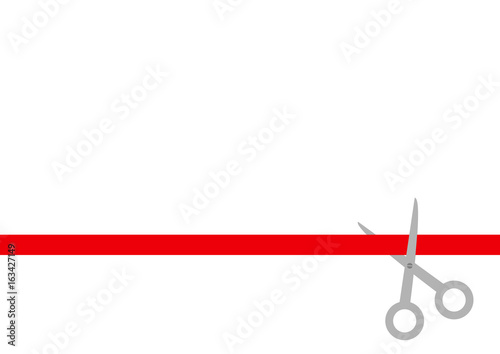 Scissors cut straight red ribbon. Business beginnings event. Launch startup concept. Grand opening celebration sign symbol. Flat design style. White background. Isolated.