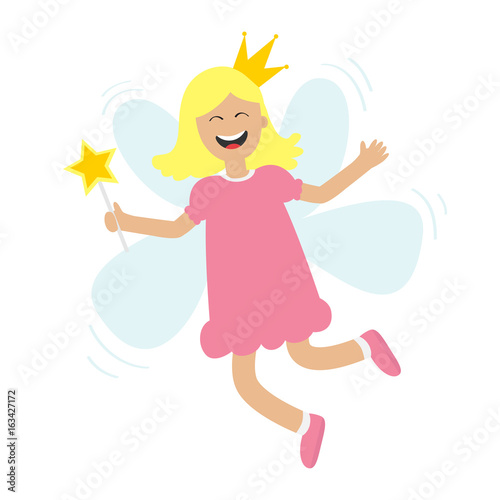 Tooth fairy flying wings. Smiling teeth mouth. Happy girl holding star magic wand. Cute baby teeth cartoon laughing character in dress, crown. Smiling woman. White background. Isolated Flat design © worldofvector
