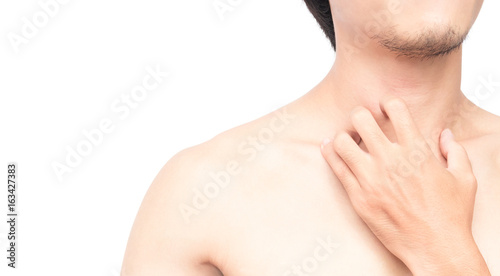 Closeup man hand scratching with itchy throat, health care concept