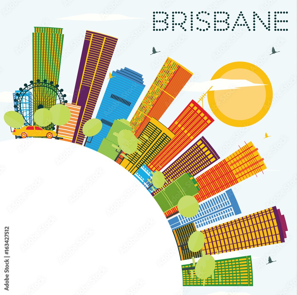 Brisbane Skyline with Color Buildings, Blue Sky and Copy Space.