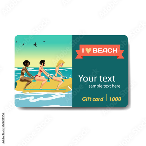 Young women ride a banana. Sale discount gift card. Branding design to the resort and a sports goods store