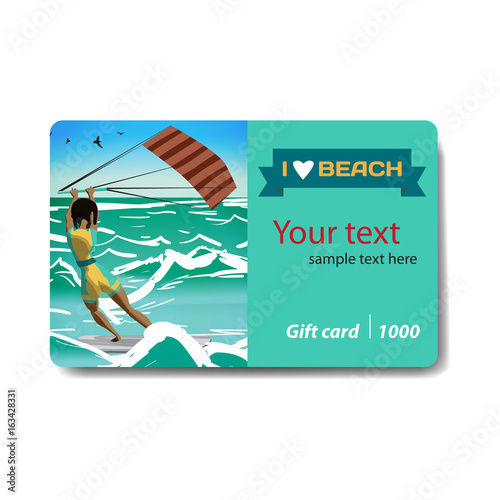 Girl windsurfing on water surface with air kite. Sale discount gift card. Branding design to the resort and a sports goods store