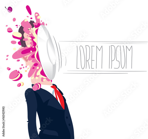 Man in a business suit got a cake in the face. Isolated. Cartoon vector illustration