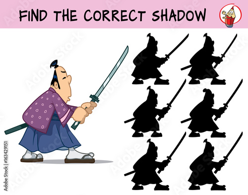 A samurai with a sword. Find the correct shadow. Educational game for children. Cartoon vector illustration