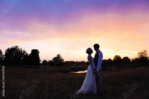 The bride and groom stand by the lake, after the wedding ceremony. Newlyweds are smiling, they are happy. Silhouetted photo in warm tinting.