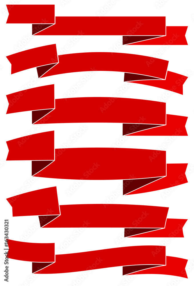 Six red cartoon ribbons for web design. Great design element isolated on white background. Vector illustration.
Six red cartoon ribbons for web design. Great design element isolated on white background. Vector illustration.