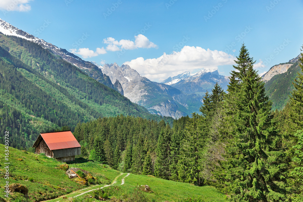  houses with red roofs in the Swiss Alps