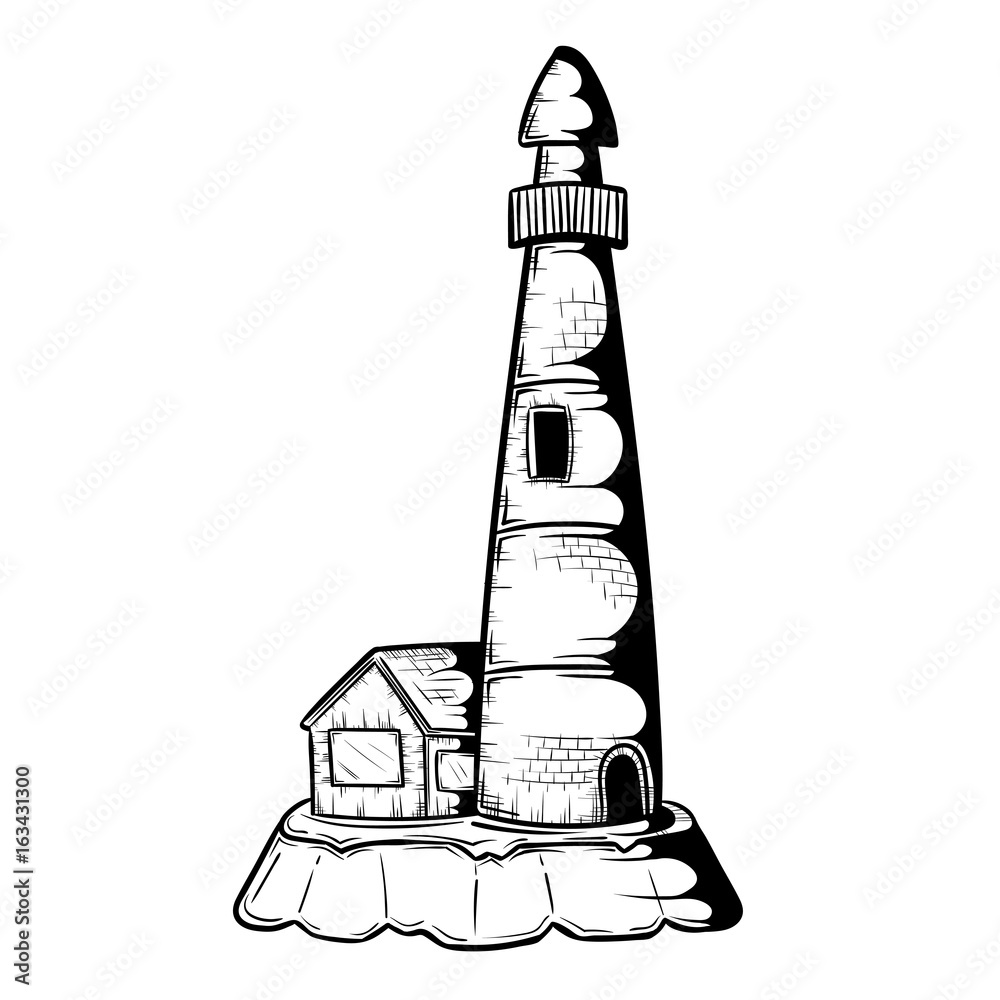 Lighthouse with house on island in doodle style, hand drawn