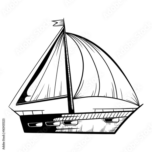 Ship with sail in doodle style, hand drawn