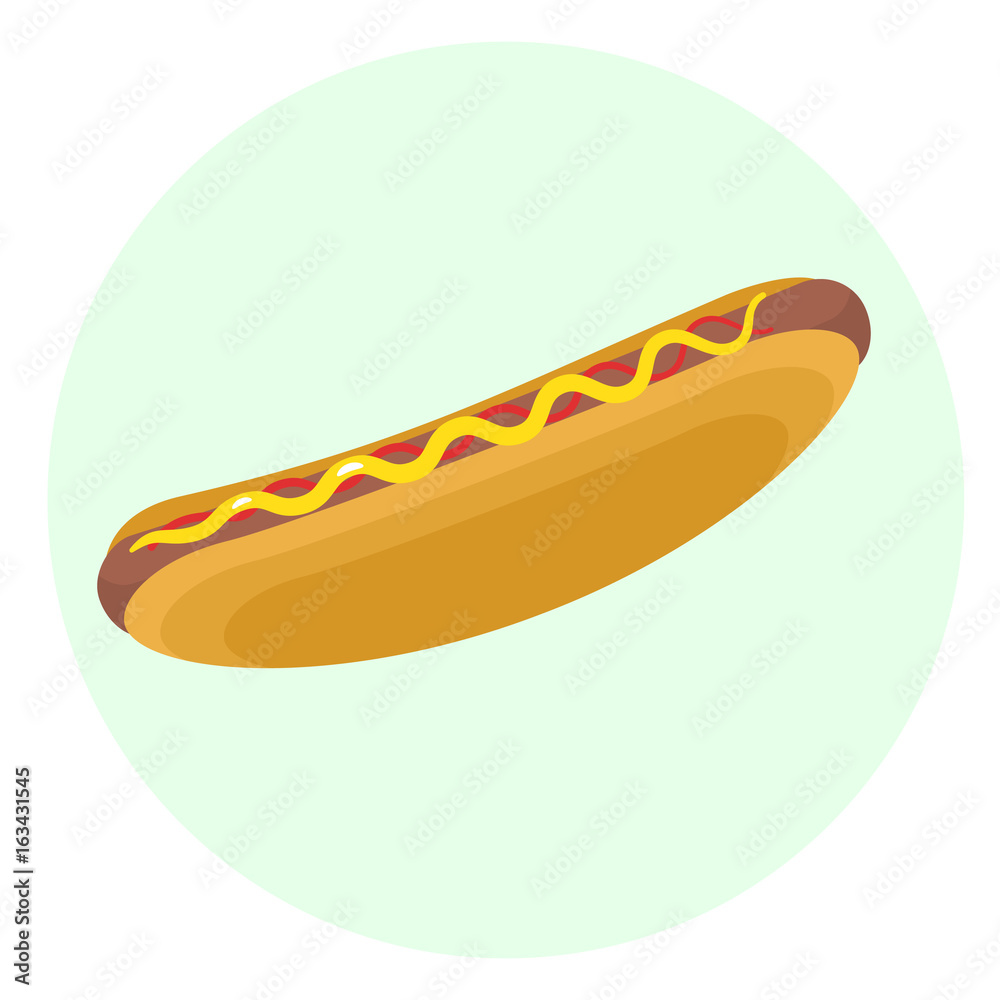 Flat vector delicious hotdog with grilled sausage, ketchup and mustard icon. Tasty cartoon colorful fastfood symbol Flat vector delicious hotdog with grilled sausage, ketchup and mustard icon. Tasty cartoon colorful fastfood symbol