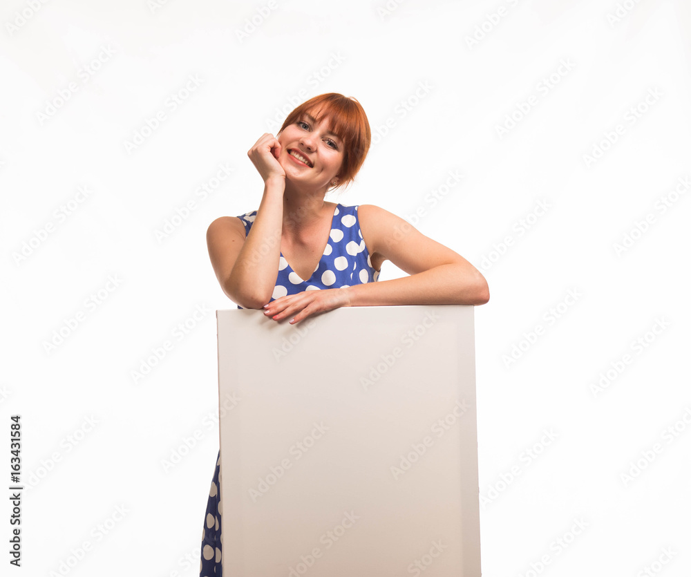 Young glad woman portrait of a confident businesswoman showing presentation, pointing placard background. Ideal for banners, registration forms, presentation, landings, presenting concept. Young glad woman portrait of a confident businesswoman showing presentation, pointing placard background. Ideal for banners, registration forms, presentation, landings, presenting concept.
