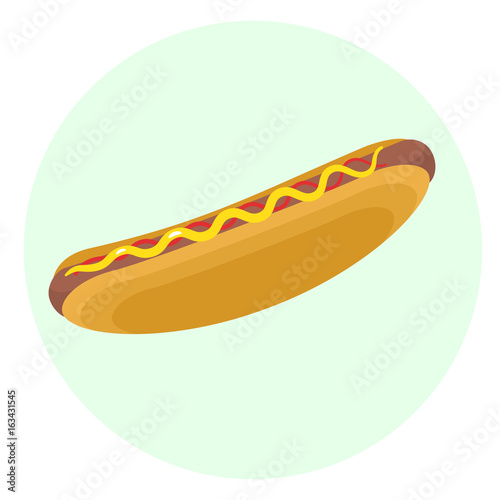 Fototapeta Naklejka Na Ścianę i Meble -  Flat vector delicious hotdog with grilled sausage, ketchup and mustard icon. Tasty cartoon colorful fastfood symbol