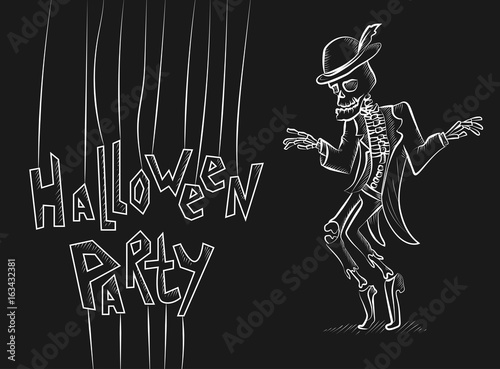 Halloween invitation with hand drawn text and dancing corpse