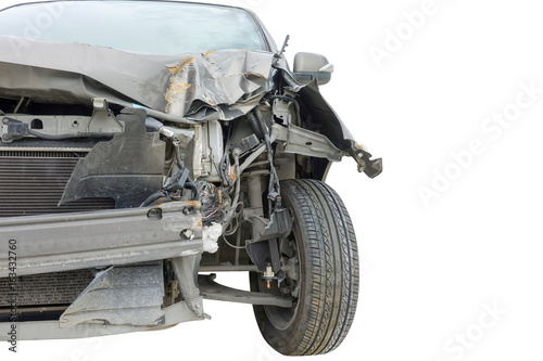 Accident on front of black car isolated on white