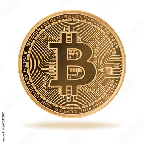 Bitcoin. Physical bit coin. Digital currency.  Cryptocurrency. Golden coin with bitcoin symbol isolated on white background. Stock vector illustration. photo