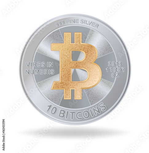 Casascius physical bitcoin.  Bit coin. Digital currency.  Cryptocurrency. Silver coin with golden bitcoin symbol isolated on white background. Stock vector illustration.