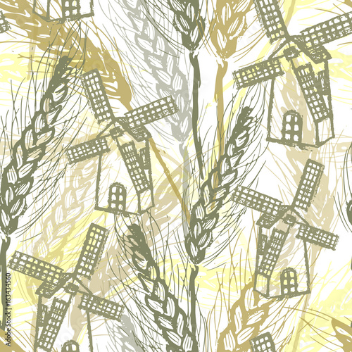 Ink hand drawn seamless pattern with mill on wheat field