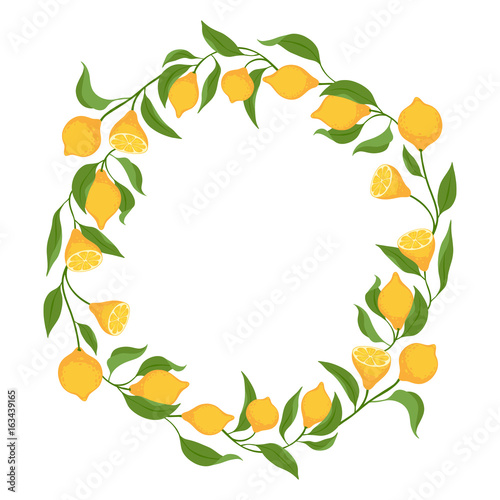 Lemon branches with fruits and leaves round frame.