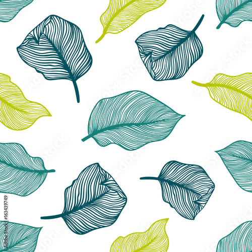 Tropical seamless pattern with exotic palm leaves. Monstera, palm, banana lea...