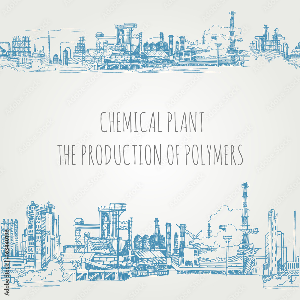 Chemical plant, the production of polymers, hand-drawn sketch vector seamless border
