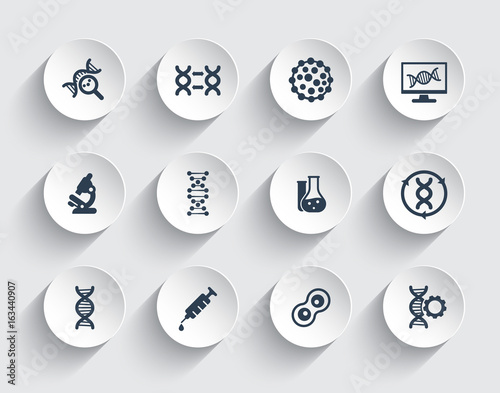 genetics, dna chains, genetic modification and research icons