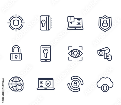 Security and protection line icons on white, secure browsing, cybersecurity, firewall