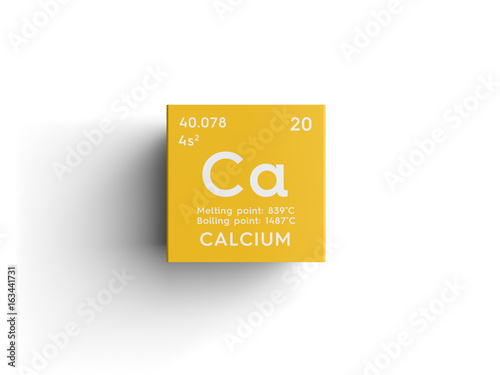 Calcium. Alkaline earth metals. Chemical Element of Mendeleev's Periodic Table. Calcium in square cube creative concept.