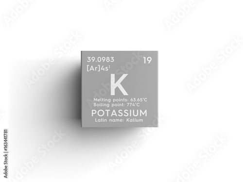 Potassium. Kalium. Alkali metals. Chemical Element of Mendeleev's Periodic Table. Potassium in square cube creative concept.