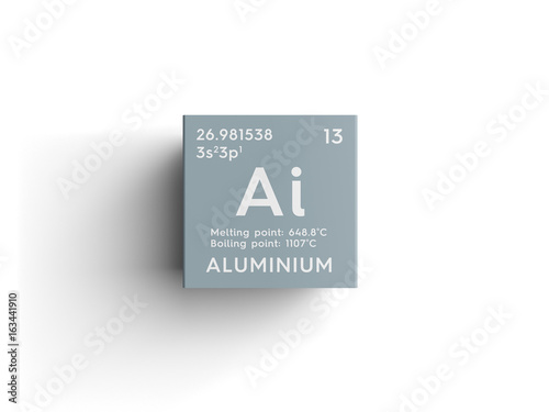 Aluminium. Post-transition metals. Chemical Element of Mendeleev's Periodic Table. Aluminium in square cube creative concept.