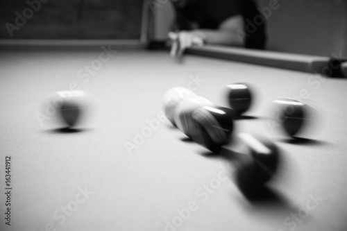  Retro style photo from a billiards balls, Noise added for real film effect,8ball Rack,Black and white poster large room with pool tables