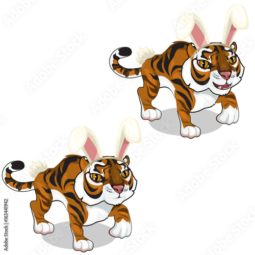 Fototapeta Naklejka Na Ścianę i Meble -  Cute tiger in hat with hare ears. Vector animals