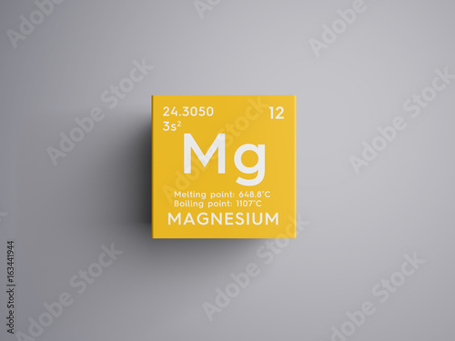 Magnesium. Alkaline earth metals. Chemical Element of Mendeleev's Periodic Table. in square cube creative concept. photo