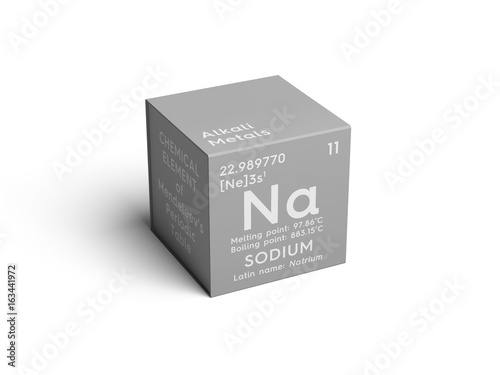 Sodium. Natrium. Alkali metals. Chemical Element of Mendeleev's Periodic Table. Sodium in square cube creative concept. photo