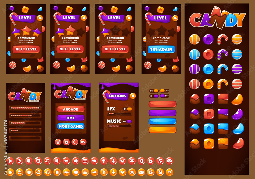 Sweet, glossy and fun, Candy and Chocolate,, bubble shooter, match 3,  arcade, mobile game asset Stock Vector