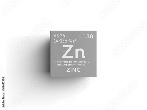 Zinc. Transition metals. Chemical Element of Mendeleev's Periodic Table. Zinc in square cube creative concept.