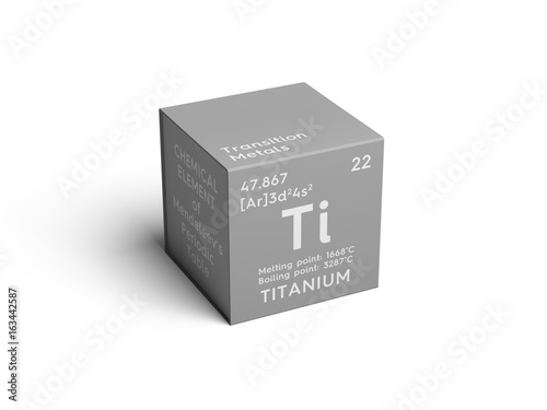 Titanium. Transition metals. Chemical Element of Mendeleev's Periodic Table. Titanium in square cube creative concept. photo