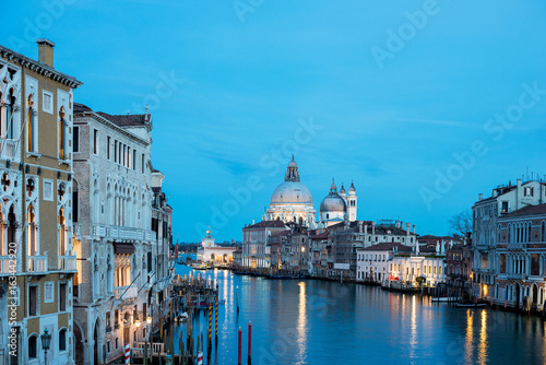 Grand Canal in Venice with Santa Maria della Salute in the background at night  Italy