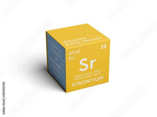 Strontium. Alkaline earth metals. Chemical Element of Mendeleev's Periodic Table. Strontium in square cube creative concept.