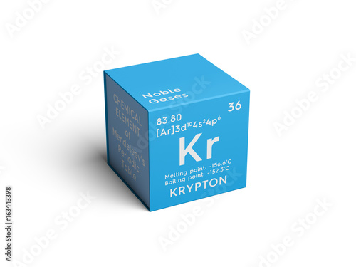 Krypton. Noble gases. Chemical Element of Mendeleev's Periodic Table. Krypton in square cube creative concept.