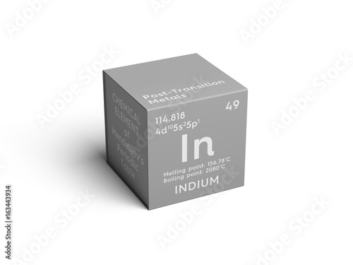 Indium. Post-transition metals. Chemical Element of Mendeleev's Periodic Table. Indium in square cube creative concept. photo