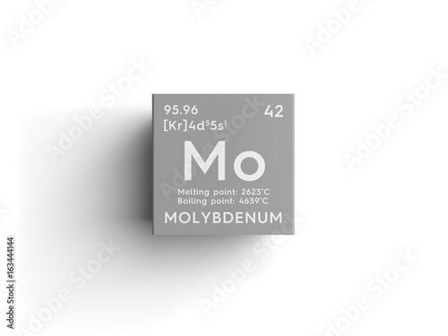 Molybdenum. Transition metals. Chemical Element of Mendeleev's Periodic Table. Molybdenum in square cube creative concept.