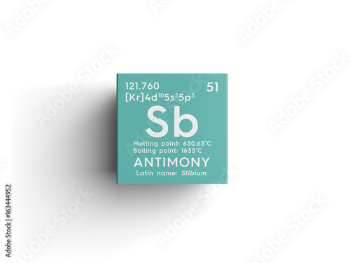 Antimony. Stibium. Metalloids. Chemical Element of Mendeleev's Periodic Table. Antimony in square cube creative concept. photo
