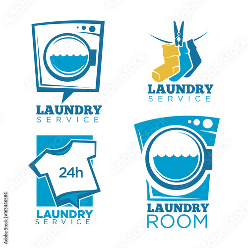 Laundry icons vector templates set of linen, washing machine and detergent